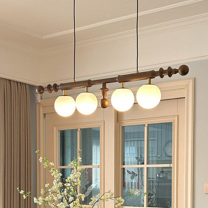Traditional French Globe Ash Wood Glass Metal 4-Light Chandelier Island Light For Living Room