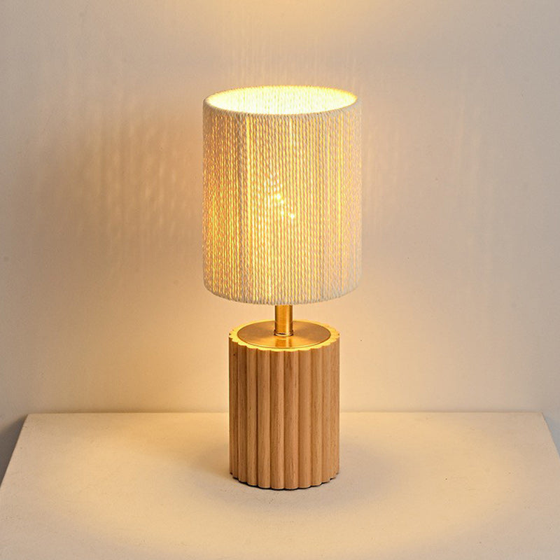 Traditional Japanese Cylinder Rubberwood Paper Rope 1-Light Table Lamp For Bedroom