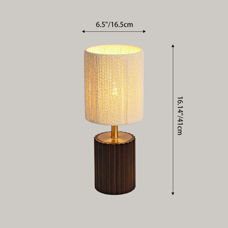 Traditional Japanese Cylinder Rubberwood Paper Rope 1-Light Table Lamp For Bedroom