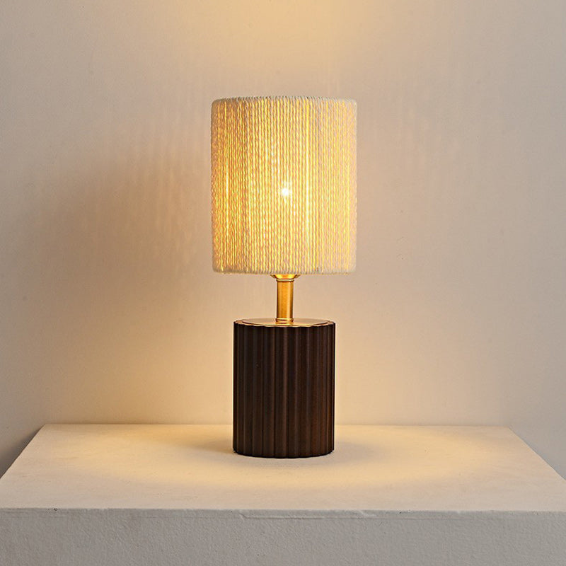 Traditional Japanese Cylinder Rubberwood Paper Rope 1-Light Table Lamp For Bedroom