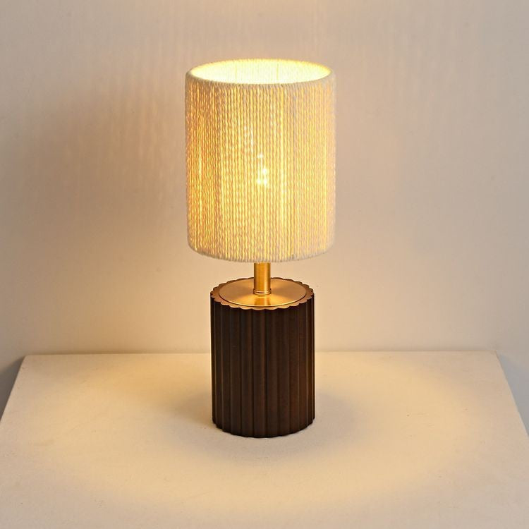 Traditional Japanese Cylinder Rubberwood Paper Rope 1-Light Table Lamp For Bedroom