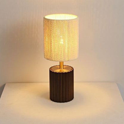 Traditional Japanese Cylinder Rubberwood Paper Rope 1-Light Table Lamp For Bedroom