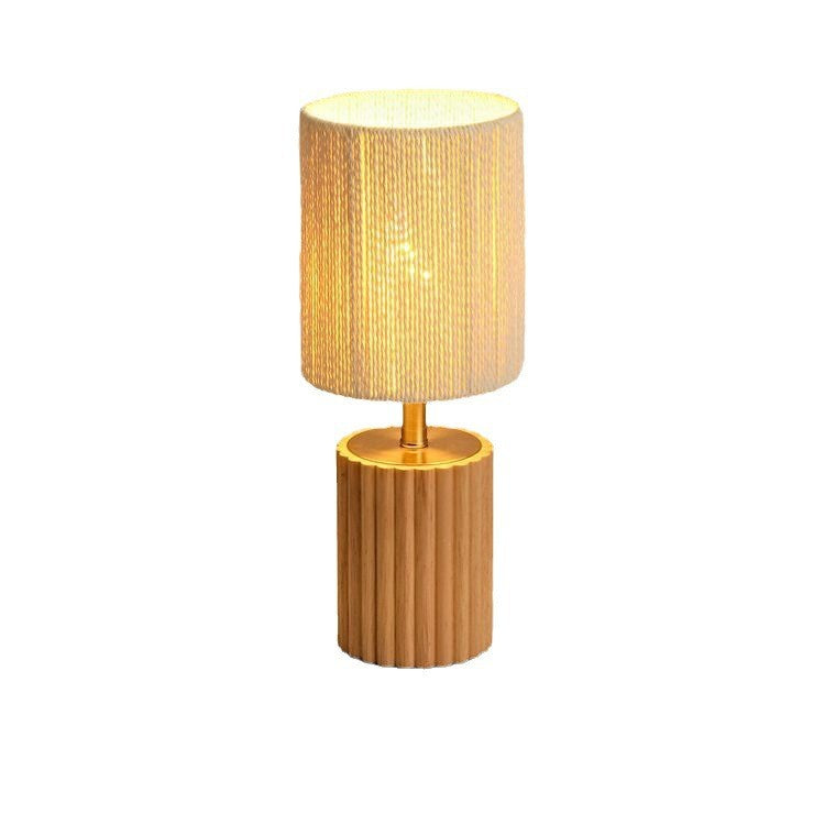Traditional Japanese Cylinder Rubberwood Paper Rope 1-Light Table Lamp For Bedroom