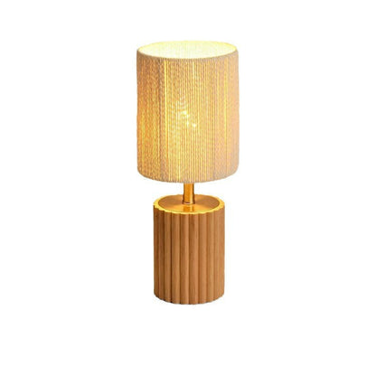 Traditional Japanese Cylinder Rubberwood Paper Rope 1-Light Table Lamp For Bedroom