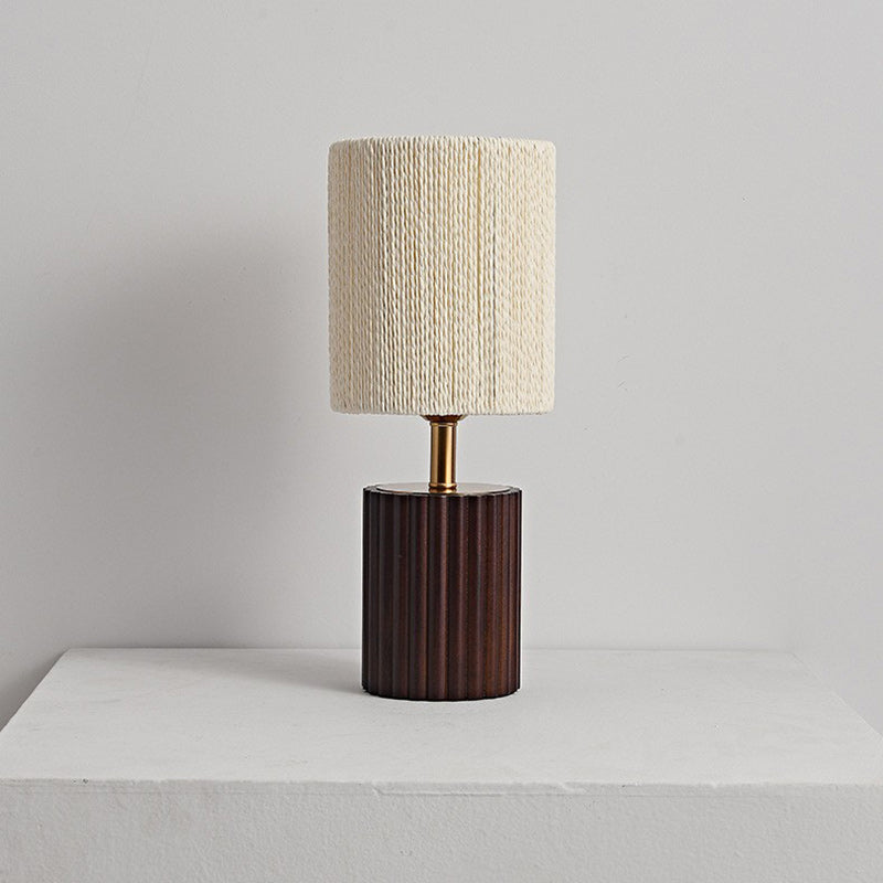 Traditional Japanese Cylinder Rubberwood Paper Rope 1-Light Table Lamp For Bedroom