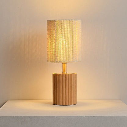 Traditional Japanese Cylinder Rubberwood Paper Rope 1-Light Table Lamp For Bedroom