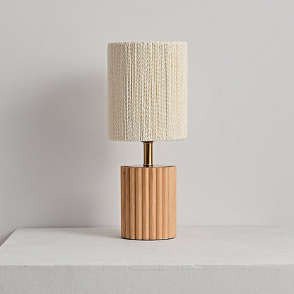 Traditional Japanese Cylinder Rubberwood Paper Rope 1-Light Table Lamp For Bedroom