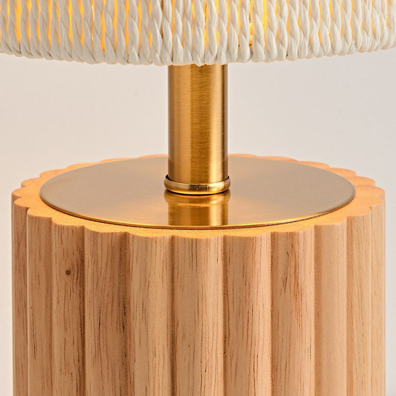Traditional Japanese Cylinder Rubberwood Paper Rope 1-Light Table Lamp For Bedroom