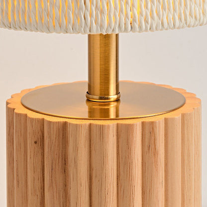 Traditional Japanese Cylinder Rubberwood Paper Rope 1-Light Table Lamp For Bedroom