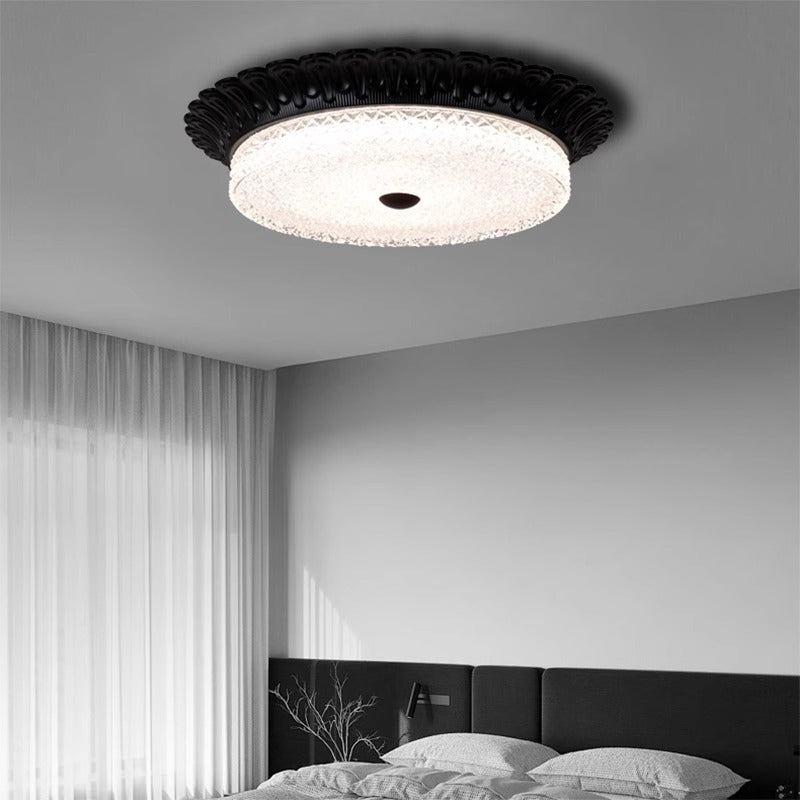Traditional Vintage Round Alloy Glass LED Semi-Flush Mount Ceiling Light For Bedroom