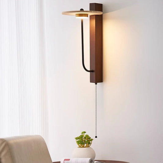 Traditional French Round Yellow Travertine Carbon Steel Walnut Wood LED Wall Sconce Lamp For Bedroom