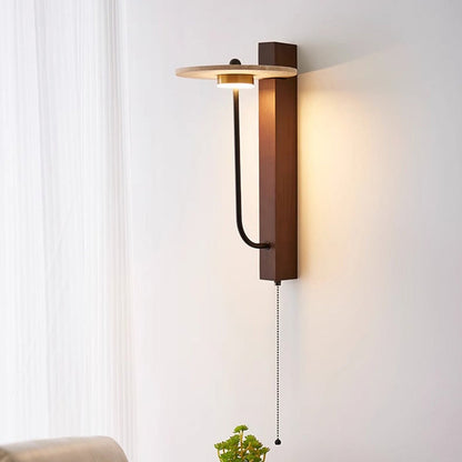Traditional French Round Yellow Travertine Carbon Steel Walnut Wood LED Wall Sconce Lamp For Bedroom