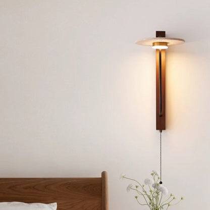 Traditional French Round Yellow Travertine Carbon Steel Walnut Wood LED Wall Sconce Lamp For Bedroom