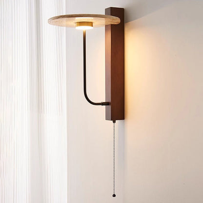 Traditional French Round Yellow Travertine Carbon Steel Walnut Wood LED Wall Sconce Lamp For Bedroom