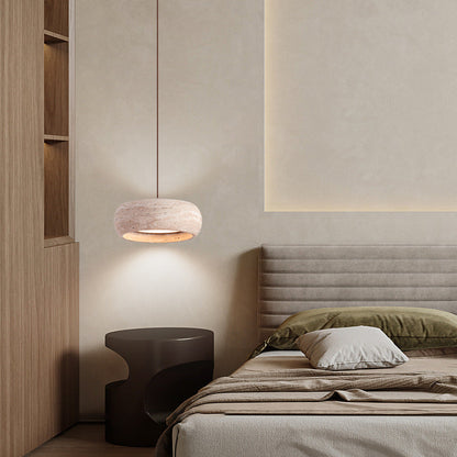 Traditional Vintage Round Yellow Travertine Walnut Wood LED Pendant Light For Bedroom