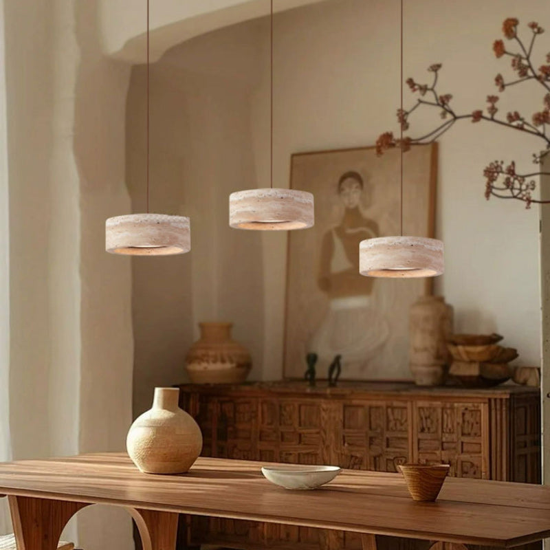 Traditional Vintage Round Yellow Travertine Walnut Wood LED Pendant Light For Bedroom