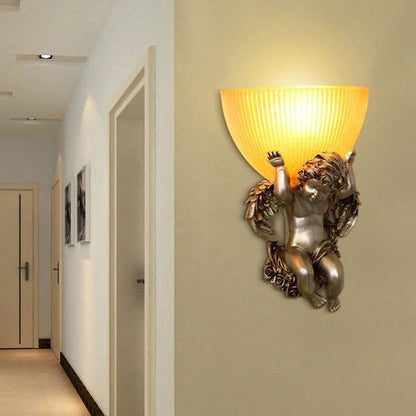 Traditional European Angel Stainless Steel Glass 1-Light Wall Sconce Lamp For Hallway