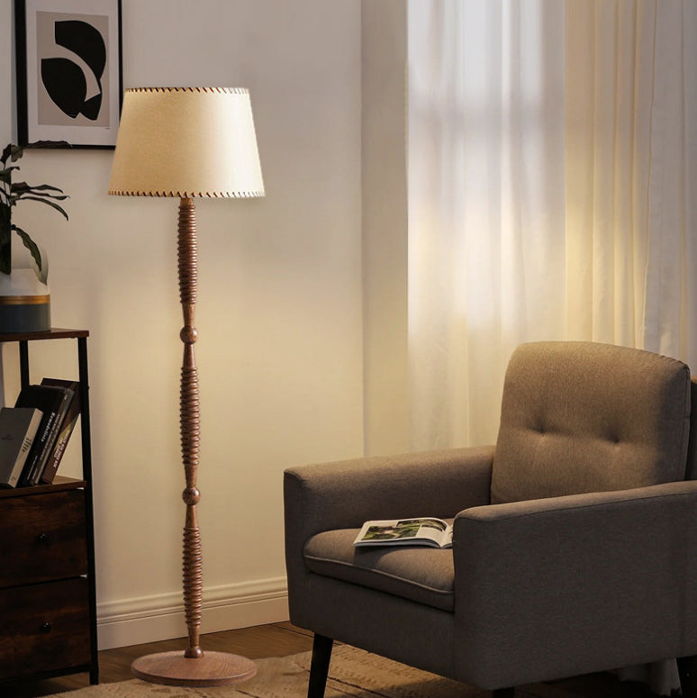 Traditional French Frustum Cone Solid Wood Fabric 1-Light Standing Floor Lamp For Living Room