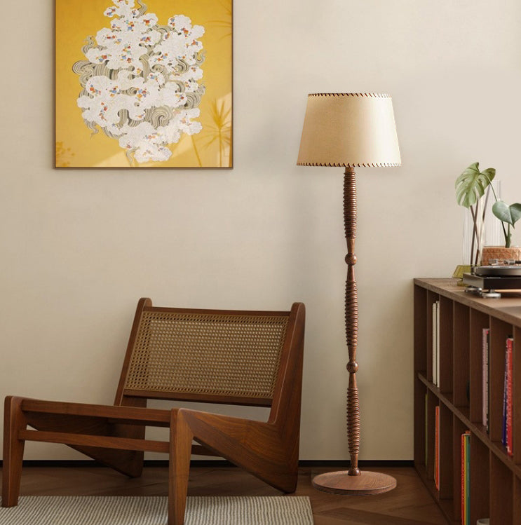 Traditional French Frustum Cone Solid Wood Fabric 1-Light Standing Floor Lamp For Living Room