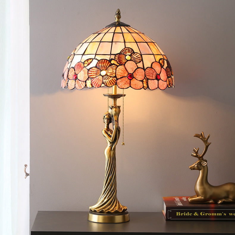 Traditional Tiffany Goddess Dome Copper Shell 1-Light Table Lamp For Bedroom