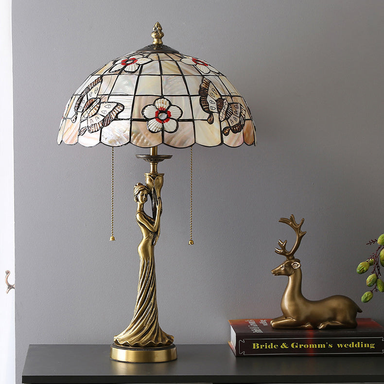 Traditional Tiffany Goddess Dome Copper Shell 1-Light Table Lamp For Bedroom