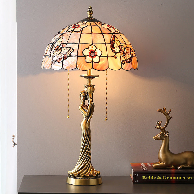 Traditional Tiffany Goddess Dome Copper Shell 1-Light Table Lamp For Bedroom