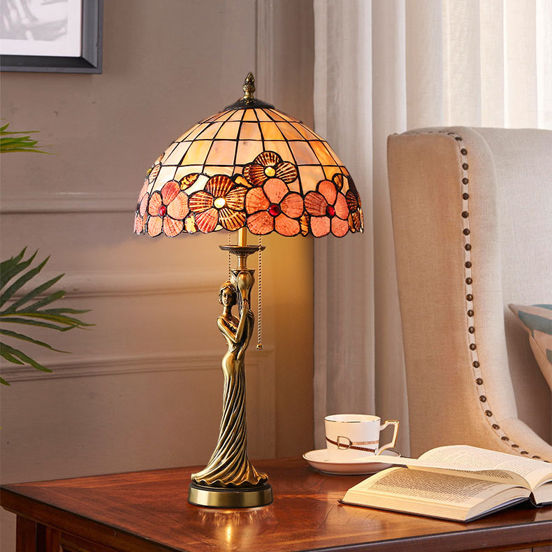 Traditional Tiffany Goddess Dome Copper Shell 1-Light Table Lamp For Bedroom
