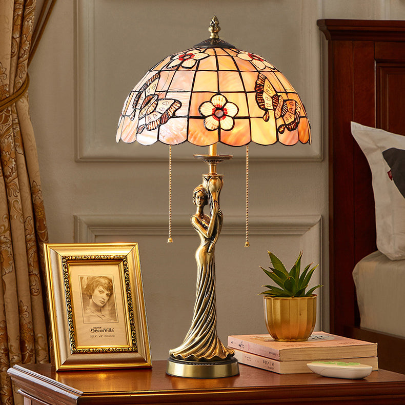 Traditional Tiffany Goddess Dome Copper Shell 1-Light Table Lamp For Bedroom