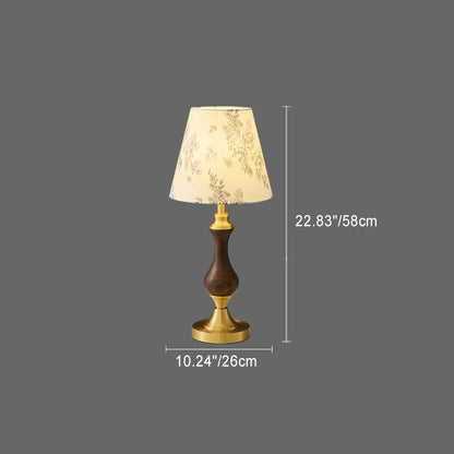 Modern Mid-Century Frustum Cone Copper Black Walnut Wood Fabric 1-Light Table Lamp For Bedroom