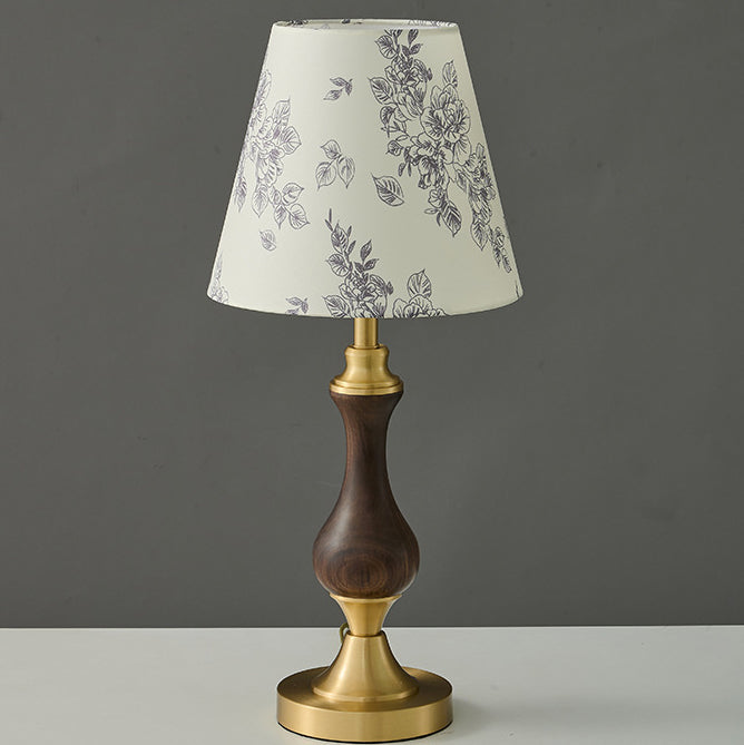 Modern Mid-Century Frustum Cone Copper Black Walnut Wood Fabric 1-Light Table Lamp For Bedroom