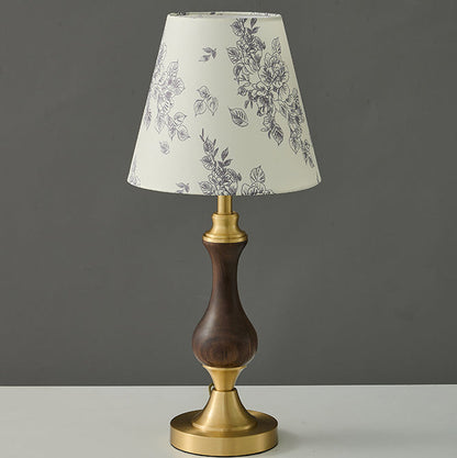 Modern Mid-Century Frustum Cone Copper Black Walnut Wood Fabric 1-Light Table Lamp For Bedroom