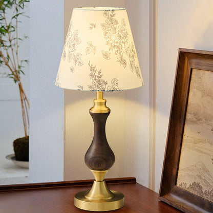 Modern Mid-Century Frustum Cone Copper Black Walnut Wood Fabric 1-Light Table Lamp For Bedroom