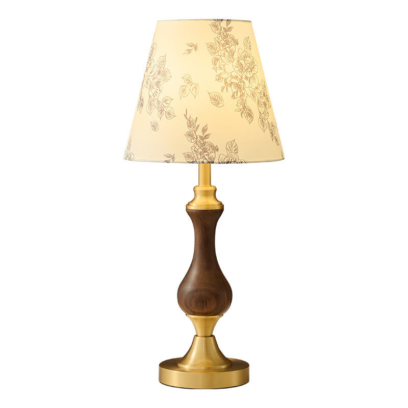 Modern Mid-Century Frustum Cone Copper Black Walnut Wood Fabric 1-Light Table Lamp For Bedroom