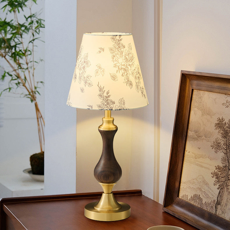 Modern Mid-Century Frustum Cone Copper Black Walnut Wood Fabric 1-Light Table Lamp For Bedroom