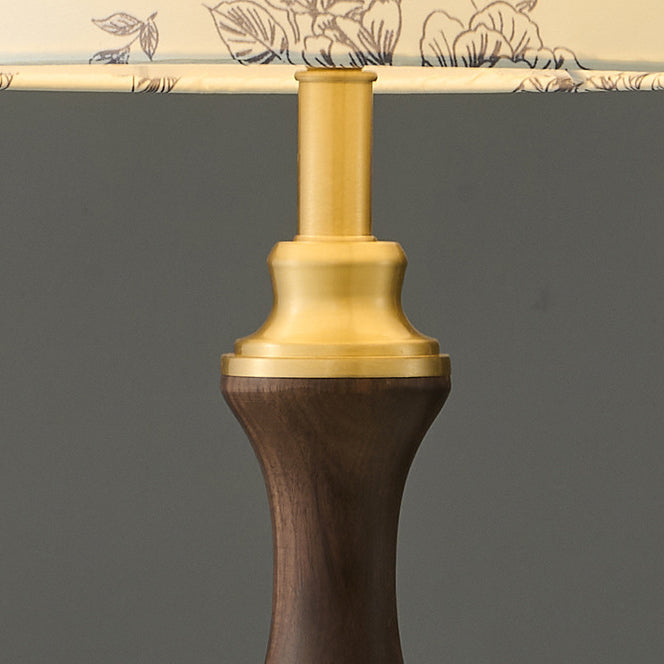 Modern Mid-Century Frustum Cone Copper Black Walnut Wood Fabric 1-Light Table Lamp For Bedroom