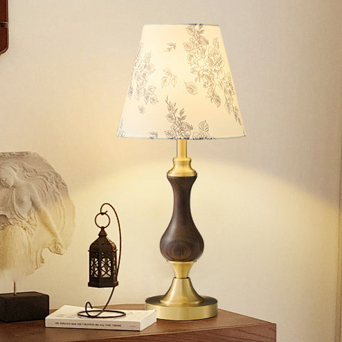 Modern Mid-Century Frustum Cone Copper Black Walnut Wood Fabric 1-Light Table Lamp For Bedroom