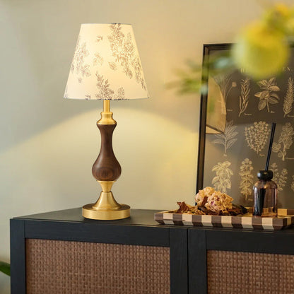 Modern Mid-Century Frustum Cone Copper Black Walnut Wood Fabric 1-Light Table Lamp For Bedroom