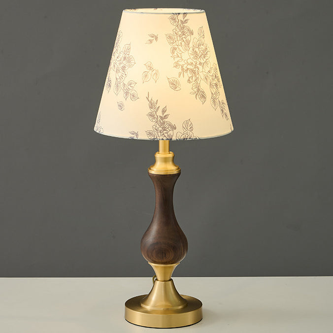 Modern Mid-Century Frustum Cone Copper Black Walnut Wood Fabric 1-Light Table Lamp For Bedroom