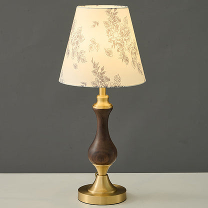 Modern Mid-Century Frustum Cone Copper Black Walnut Wood Fabric 1-Light Table Lamp For Bedroom