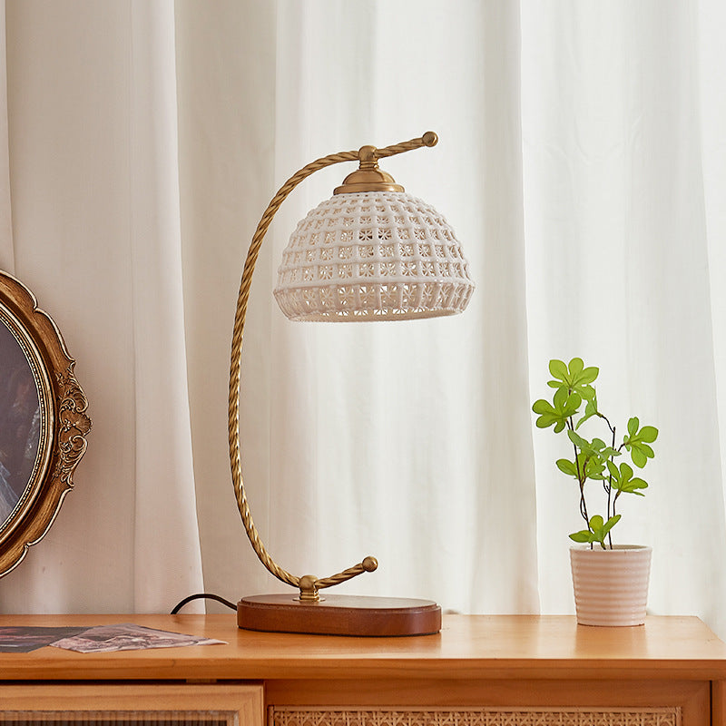 Modern Mid-Century Dome Iron Ceramic Solid Wood 1-Light Table Lamp For Bedroom