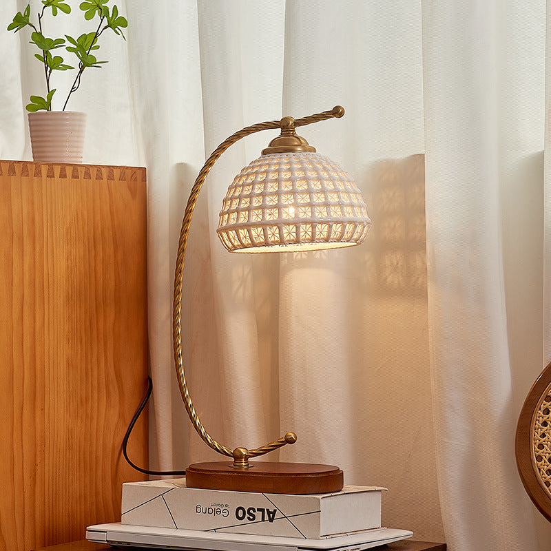 Modern Mid-Century Dome Iron Ceramic Solid Wood 1-Light Table Lamp For Bedroom