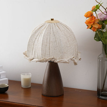 Traditional Rustic Dome Iron Walnut Wood Fabric 1-Light Table Lamp For Bedroom