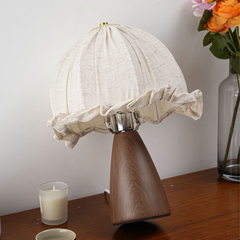 Traditional Rustic Dome Iron Walnut Wood Fabric 1-Light Table Lamp For Bedroom