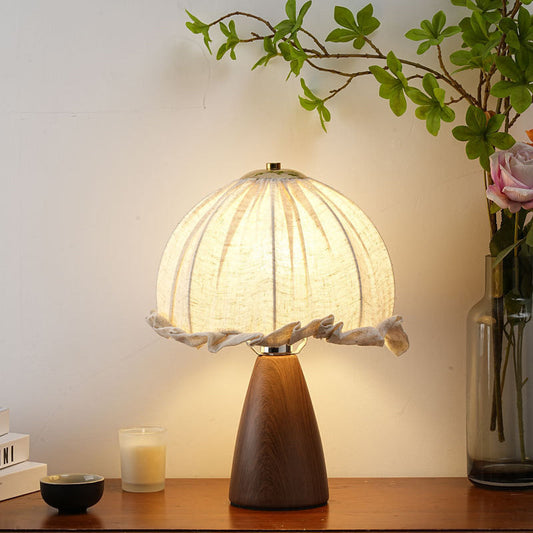 Traditional Rustic Dome Iron Walnut Wood Fabric 1-Light Table Lamp For Bedroom