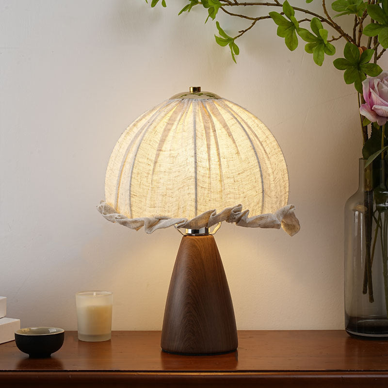 Traditional Rustic Dome Iron Walnut Wood Fabric 1-Light Table Lamp For Bedroom