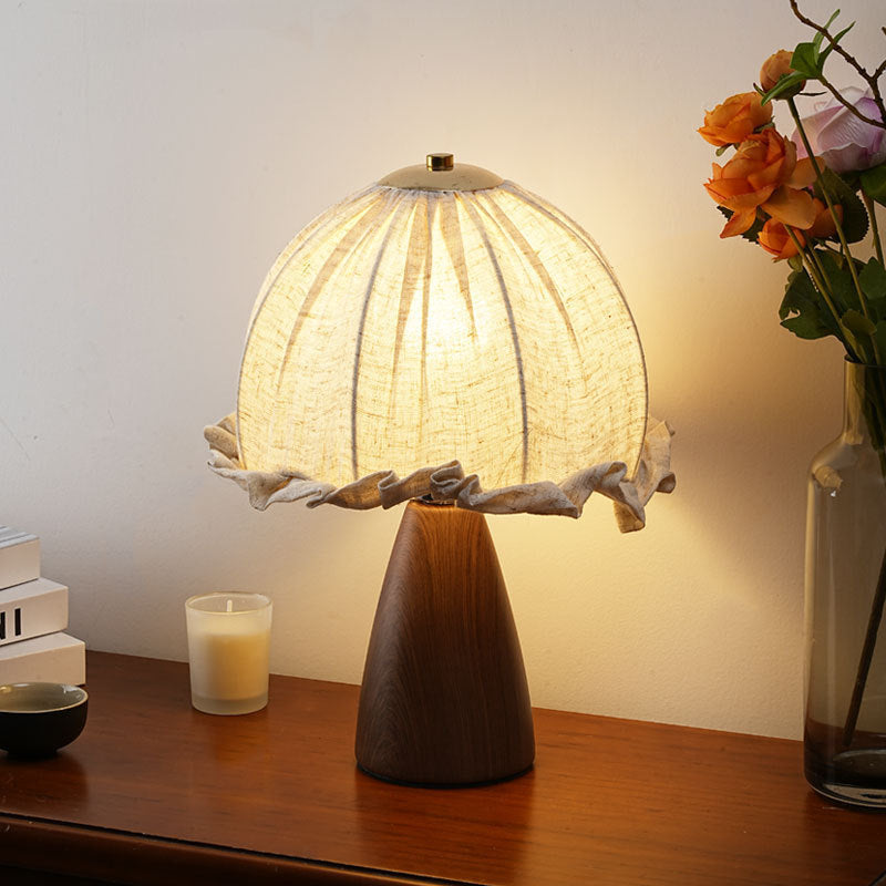 Traditional Rustic Dome Iron Walnut Wood Fabric 1-Light Table Lamp For Bedroom