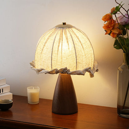 Traditional Rustic Dome Iron Walnut Wood Fabric 1-Light Table Lamp For Bedroom