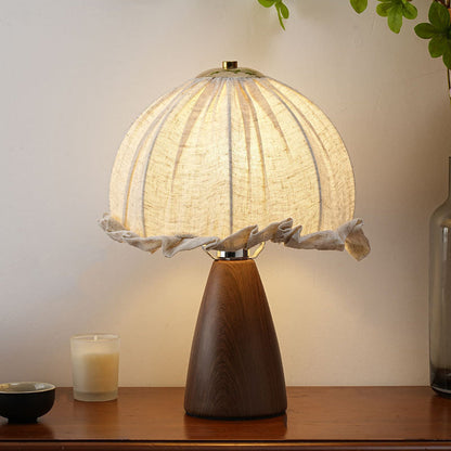 Traditional Rustic Dome Iron Walnut Wood Fabric 1-Light Table Lamp For Bedroom