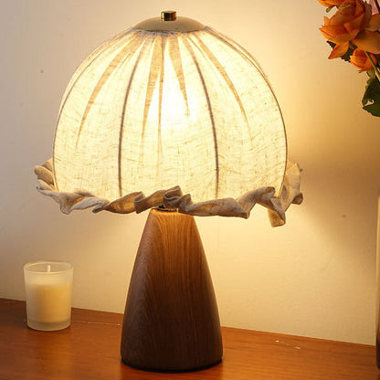 Traditional Rustic Dome Iron Walnut Wood Fabric 1-Light Table Lamp For Bedroom