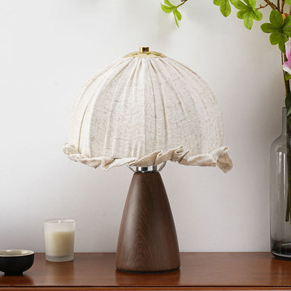Traditional Rustic Dome Iron Walnut Wood Fabric 1-Light Table Lamp For Bedroom